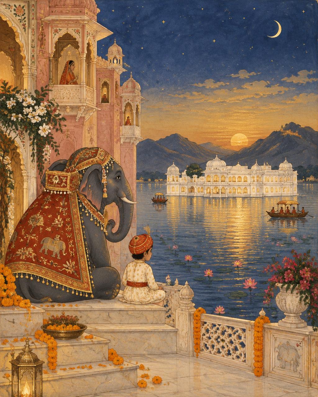 Miniature-painting style illustration of a child and a painted elephant looking at a lake palace in Udaipur at dusk